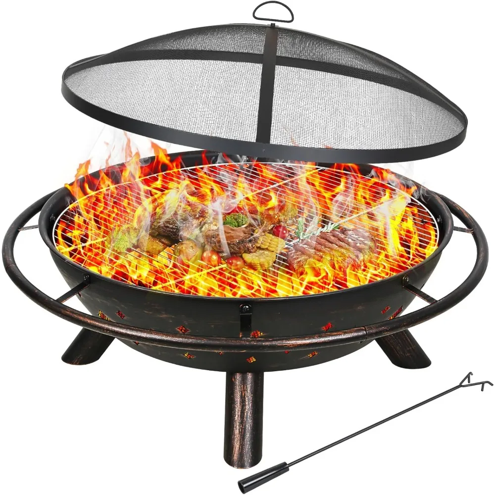 

Fire Pits, 41" Large Size 2 in 1 Fire Pit with Grill, Duty Steel Wood Burning, Bowl with Antiqued Copper Finish, Fire Pits