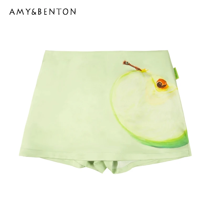 

2025 Autumn New Cute Fresh Green Fruit Print Women's Skirt Pants Original Design Satin Rhinestone A-line Short Skirts Ladies
