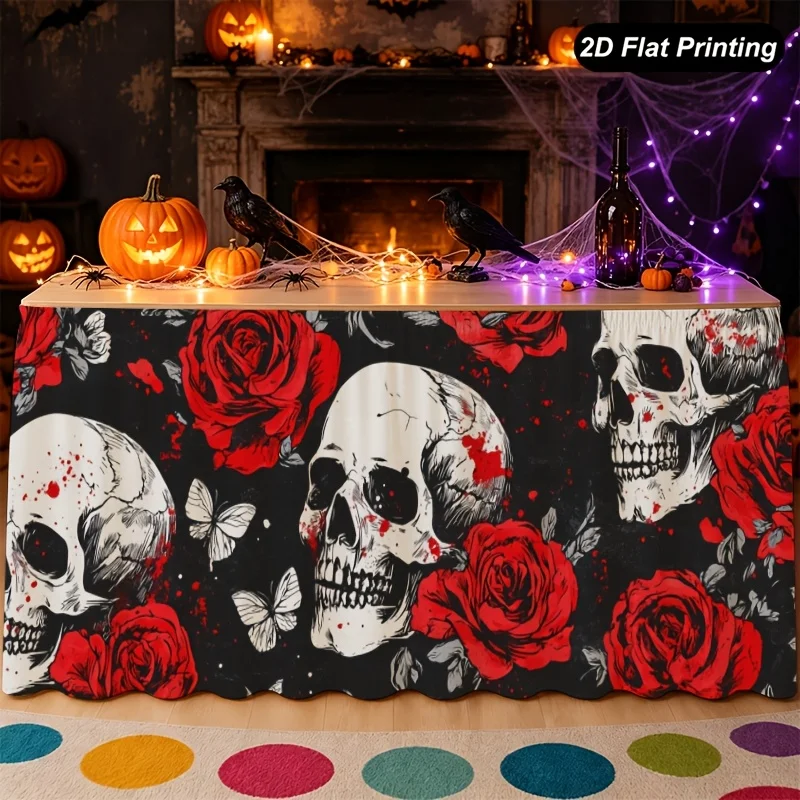 Halloween table skirt, with a dark background featuring a gothic-style skull, red roses and white butterflies pattern.