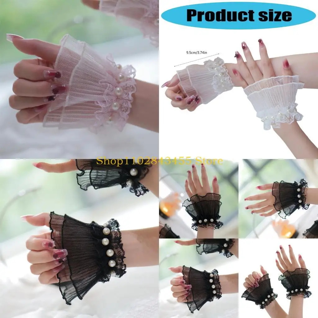

49MC Korean Fashion Lace Pearls Hand Sleeves Breathable Wrist Cuffs Decorative Cuffs Covers For Cosplay And Evening Wear