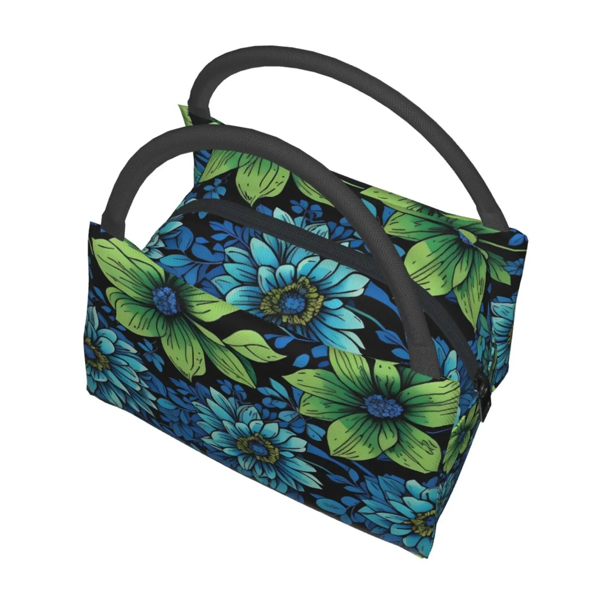 Blue Green Floral Print Tote Lunch Bag Insulated Thermal Reusable for Office Picnic Camping