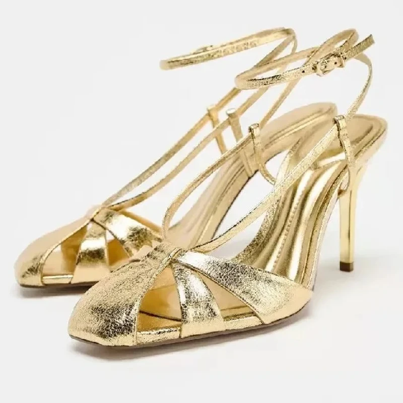 

Luxury Designer Brand Sandals Women Gold Elegant Banquet Party Shoes Gladiator Hollow Ankle Strap Buckle Weave Sexy High Heels