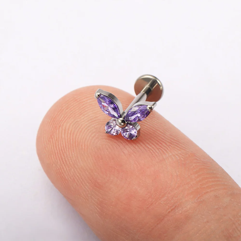 PUTITUP ASTM F136 التيتانيوم فراشة أقراط مرصعة بحجر الزركون روك الشرير نمط الأذن العظام الشفاه مسمار العالمي هيئة ثقب المجوهرات