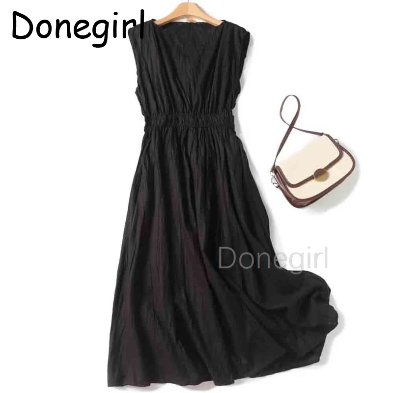 

Donegirl Women 2024 Summer Fashion Sleeveless Black Pleated Dress Chic Round Neck Waisted Slim-fit Party Dress Vestidos Mujer