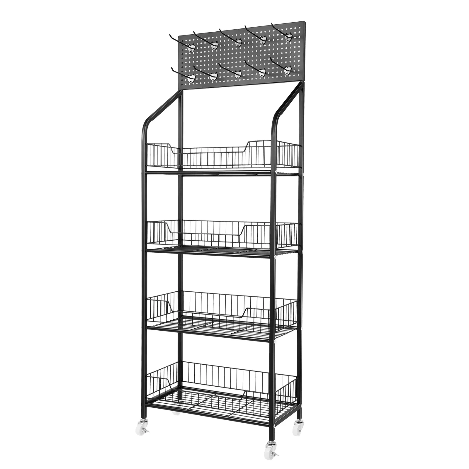 

Retail Display Rack 4 Tier Retail Counter Display Rack Black Iron Rolling Shelf Large Capacity with 10 Hooks for Store Home