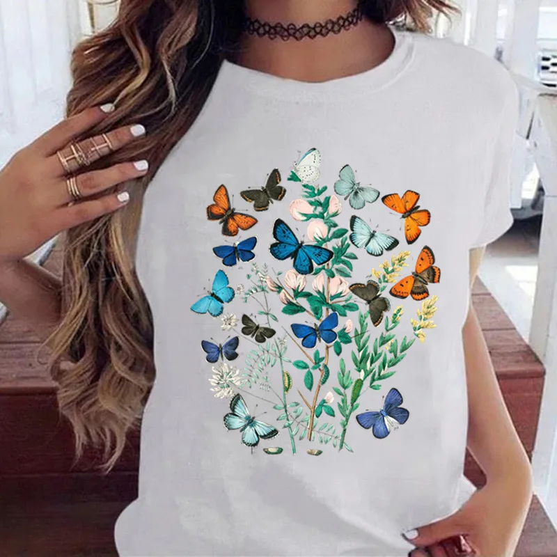 

Women Graphic Floral Flower Butterfly Fashion Top Summer 90s Short Sleeve Ladies Clothes Tops Tees Print Female Tshirt T-Shirt