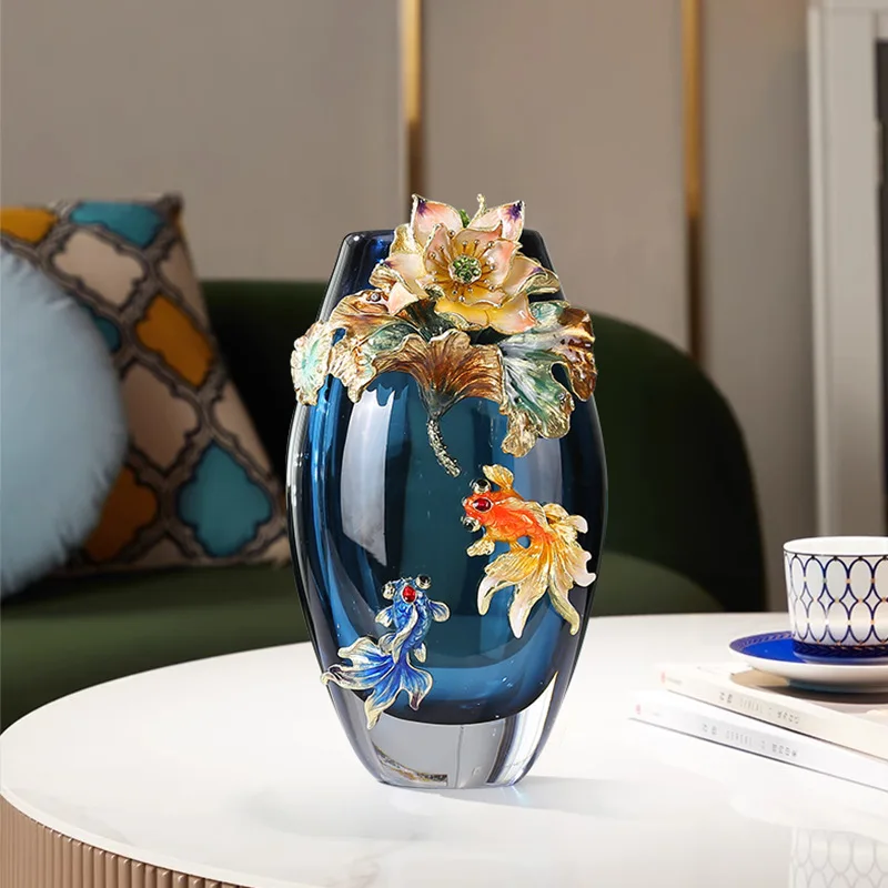 Goldfish Lotus Flower Cloisonne Vase Modern Design Enamel Handicraft Table Ornament For Home Decoration