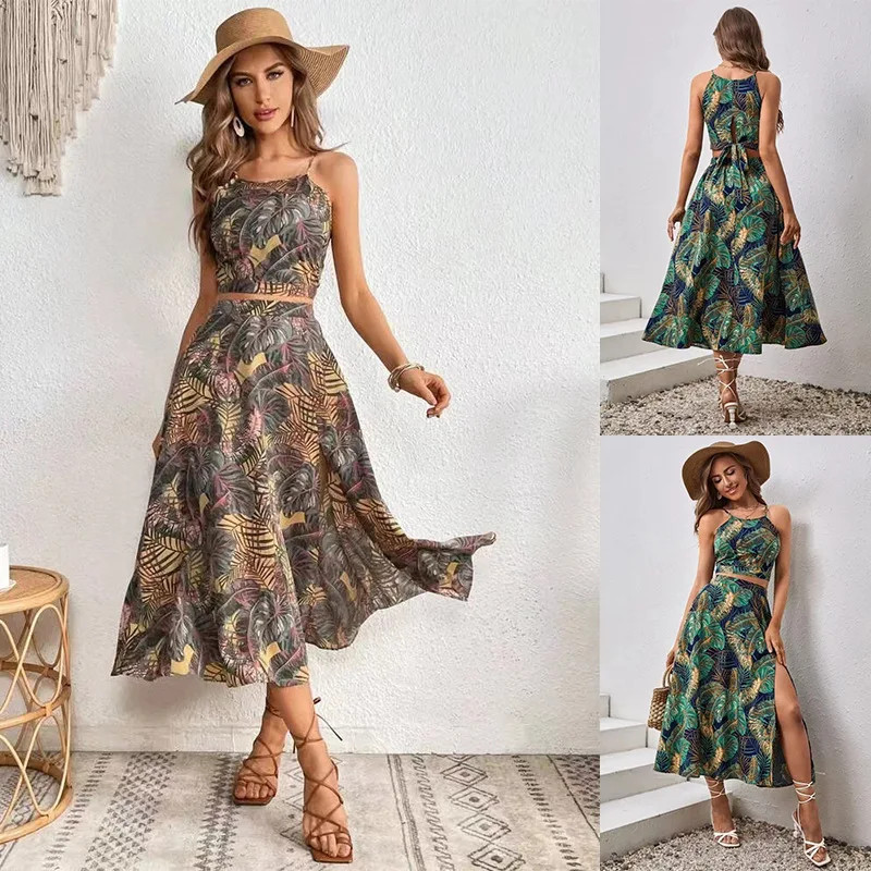 

Fashionable Chic Printed Skirt Two-piece Set Women Tight Suspender Short Pasta Suspender Top Slit A-line Skirt New Summer Style