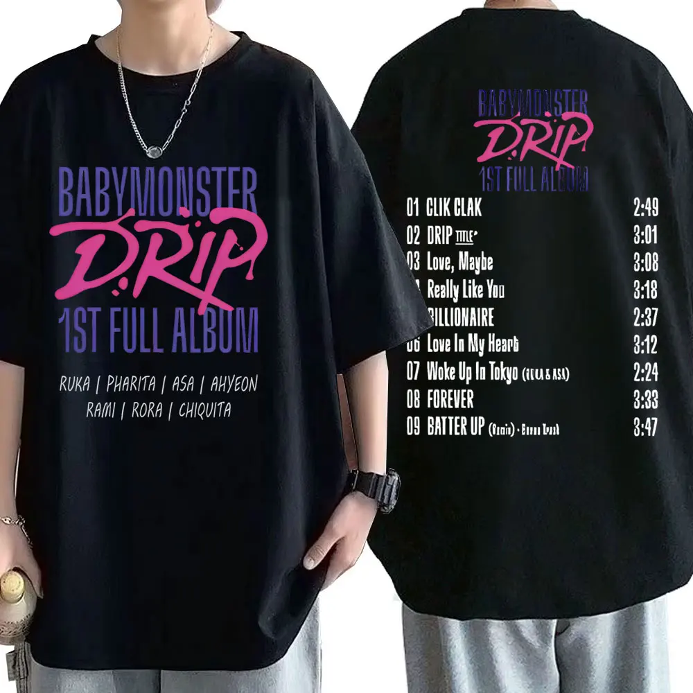 Babymonster Drip Ist Full Album Double Sided Graphic T-shirt Sumemr Male Vintage Streetwear Men Women Korean Fashion T Shirts