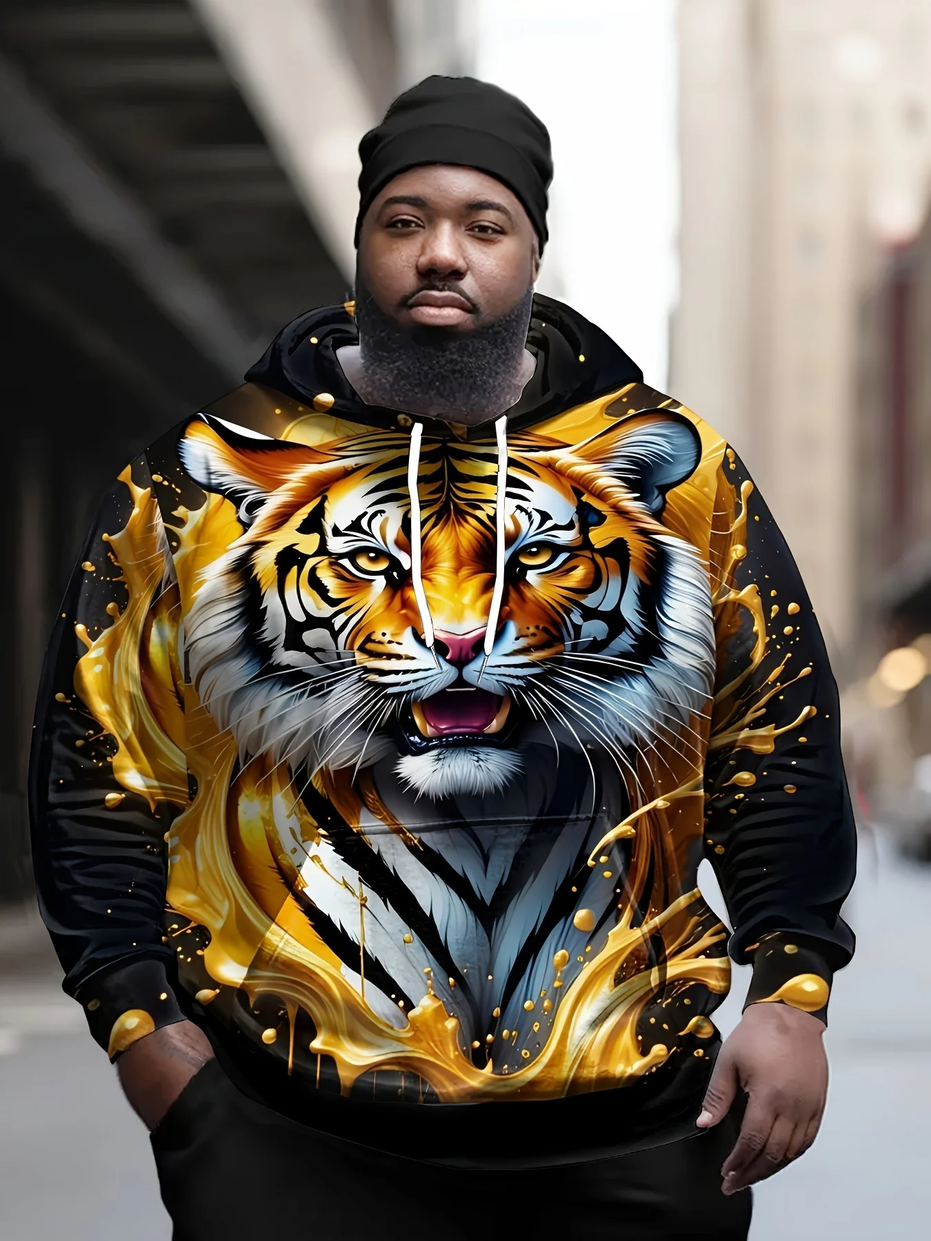 Solid Black Tiger Hoodie Men Front Gold Liquid Splash Tiger Face Animal Print Drawstring Loose Basic Hooded Sweat Top