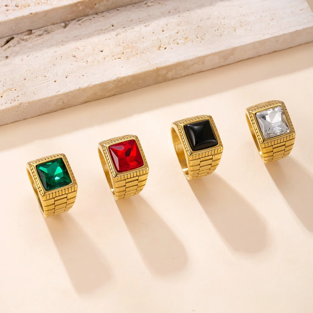 2026 New Fashion Square Red Cubic Zirconia Stainless Steel Ring for Women Men Vintage Luxury CZ Bride Wedding Party Jewelry Gift