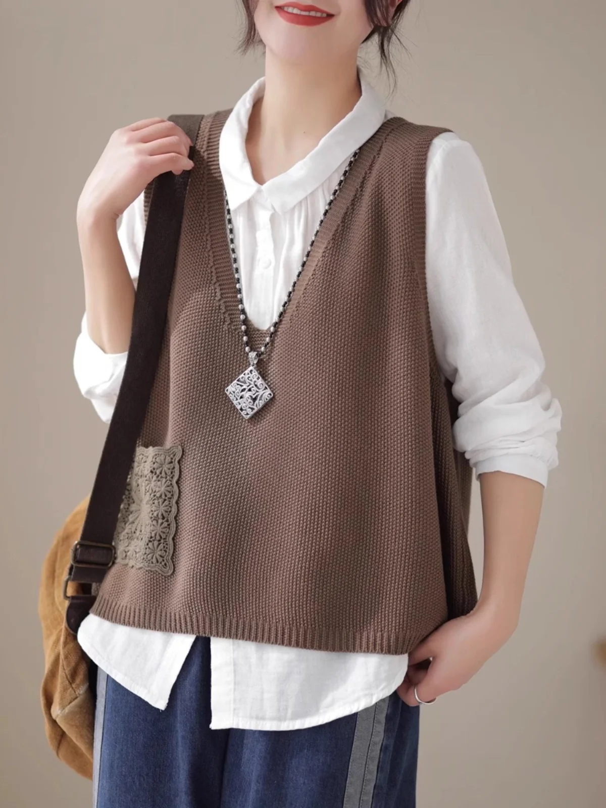 

Retro Artistic Lace ket V-Ne Knitted Vest Loose Women's Faionable Trendy Top Spring Autumn Comfortable Knitwear