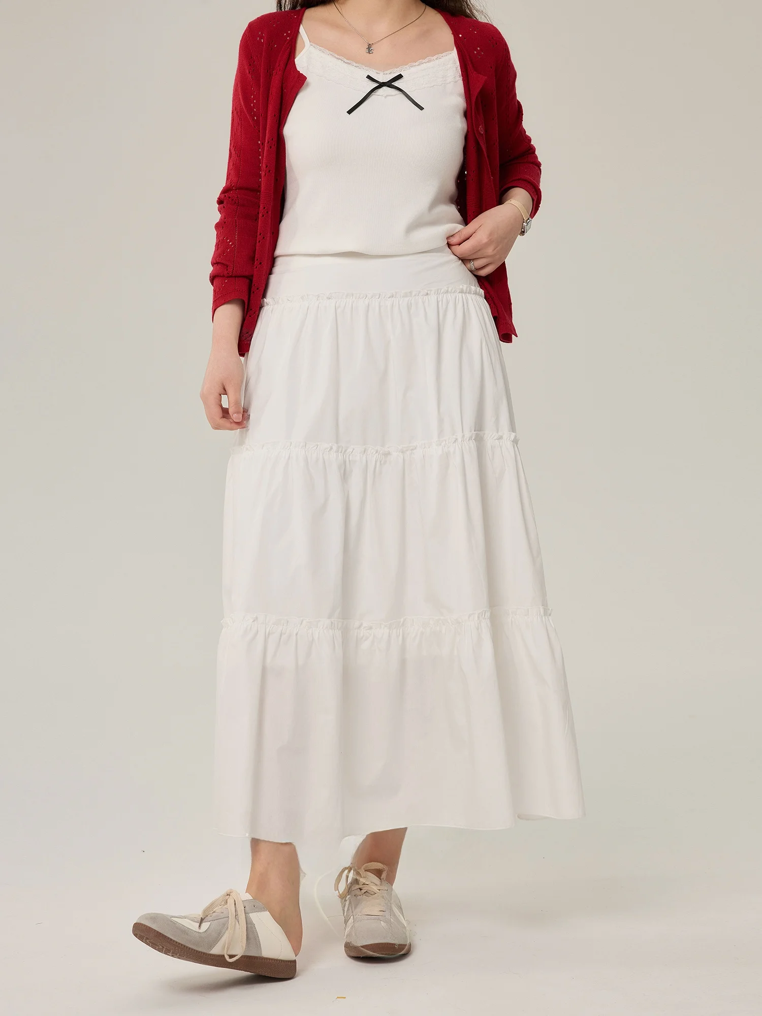 

Юбка А-силуэта с высокой талией для полных женщин, белая, с деревянными элементами, в корейском стиле, повседневная, хлопковая, для осени