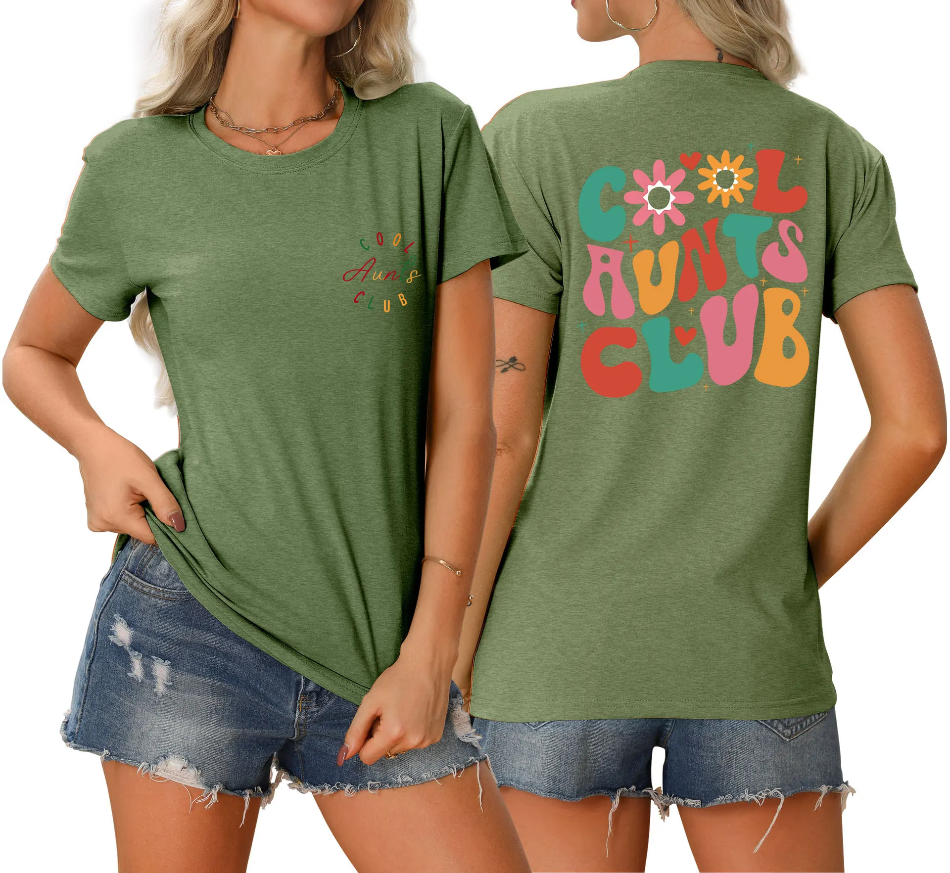 여성용 라운드넥 멋진 아줌마 클럽 앞뒤 프린트 티셔츠, 루즈한 캐주얼 반팔 탑, 세련된 풀로, 여름 신상