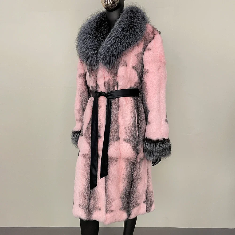 Fur Coat for Women Rabbit Fur One-piece Long Style Fashion Warm Women New Autumn Winter Real Fox Fur Collar Coat Thickened