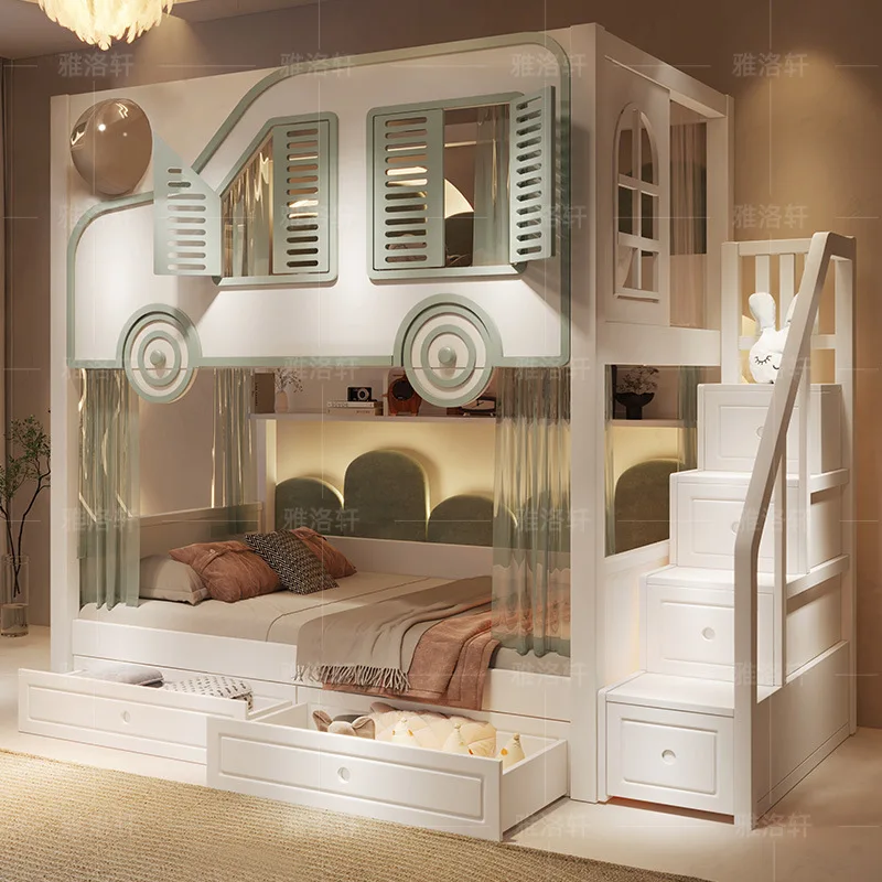 Boy Up and Down Double Guardrail All Solid Wood Two Layers Upper and Lower Bunk Car Castle