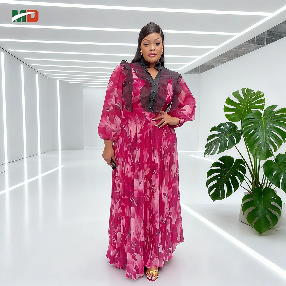 Gaun Maxi Motif Bunga Afrika Baru dengan Kerah Berlipit Hitam, Lengan Mengembang, Desain Rok Lipit untuk Pesta Taman dan Pemakaian Sehari-hari