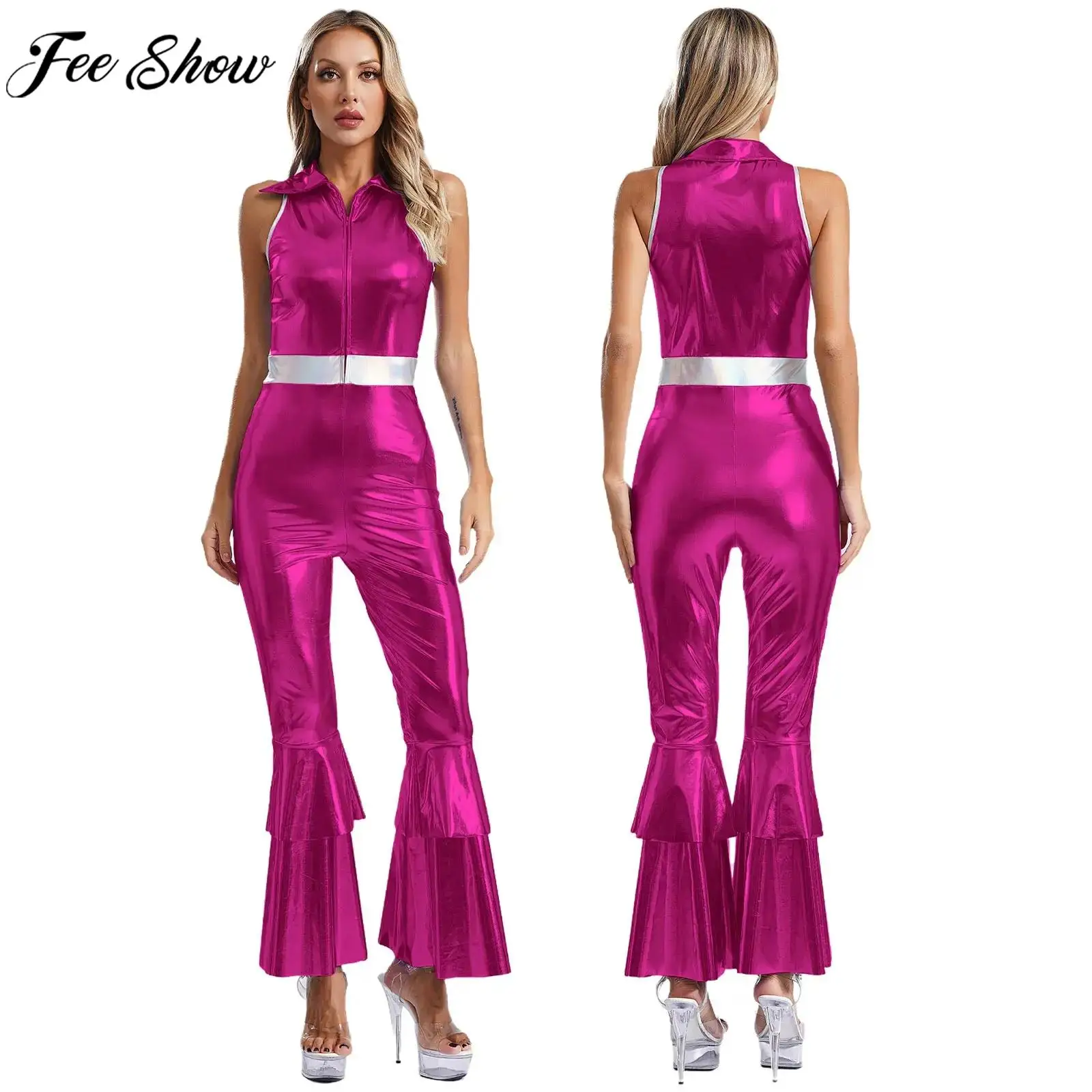 Women Metallic Shiny Vintage 70S Disco Jumpsuit Bell-bottom Hippie Bodysuit Pole Dance Leotard Halloween Party Cosplay Costume