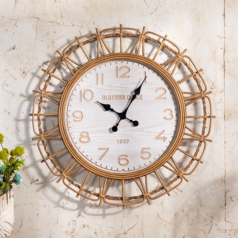 Vintage Wall Clock Living Room Home Simple Atmosphere Personalized Wall Watch Rattan Weaving Retro Wall Decoraiton