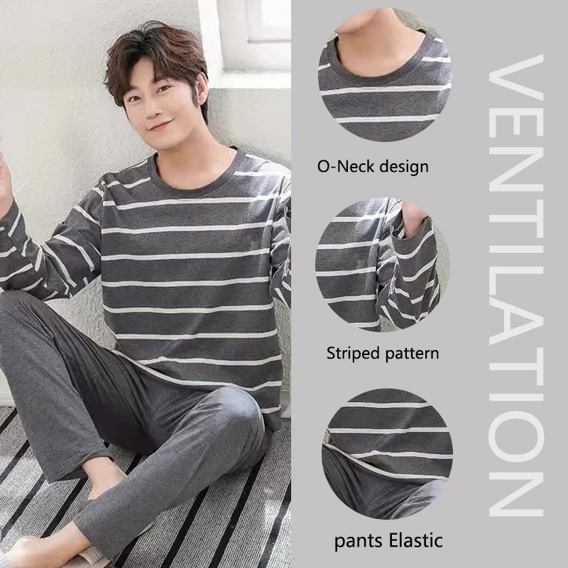 2PCS/Set Men\'s Pajamas Autumn Winter Long-Sleeved Fashion Soft Simple Casual Homewear Man Black Comfortable Striped Loungewear