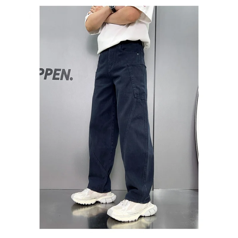 Washed Jeans Men's American Workwear Multi-Pocket Trendy Japanese StyleinsLoose Street Straight Wide Leg Mop Trousers