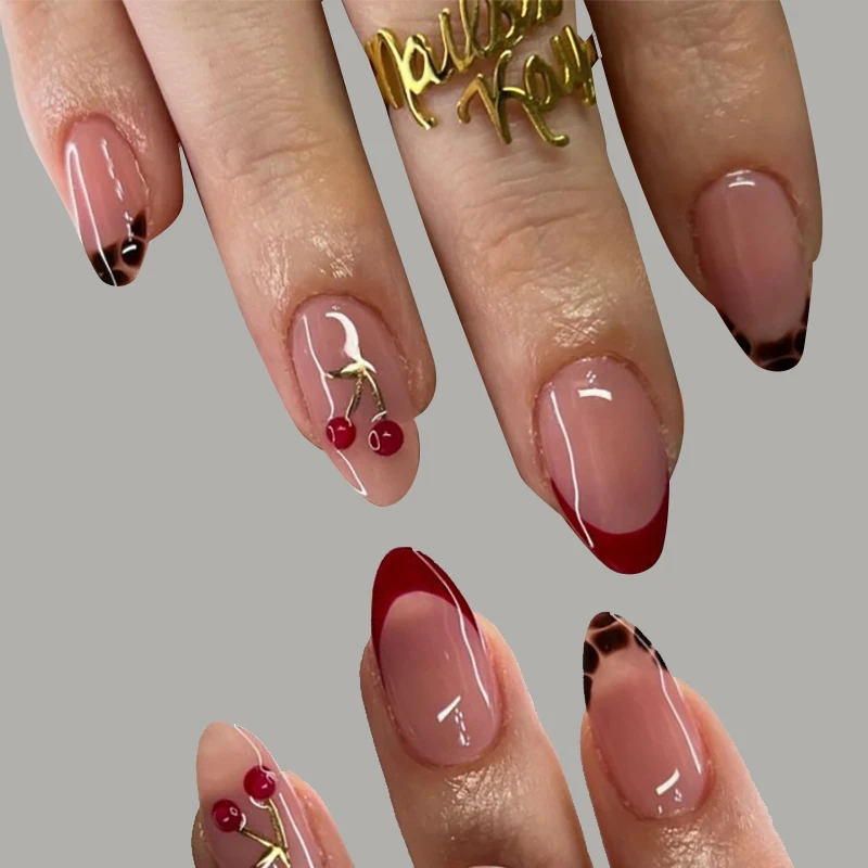 

24pcs French Cherry Fruit Leopard Print Fake Nails Short Almond False Nail Tips Press on Nail Art Detachable Press on Nails Sets