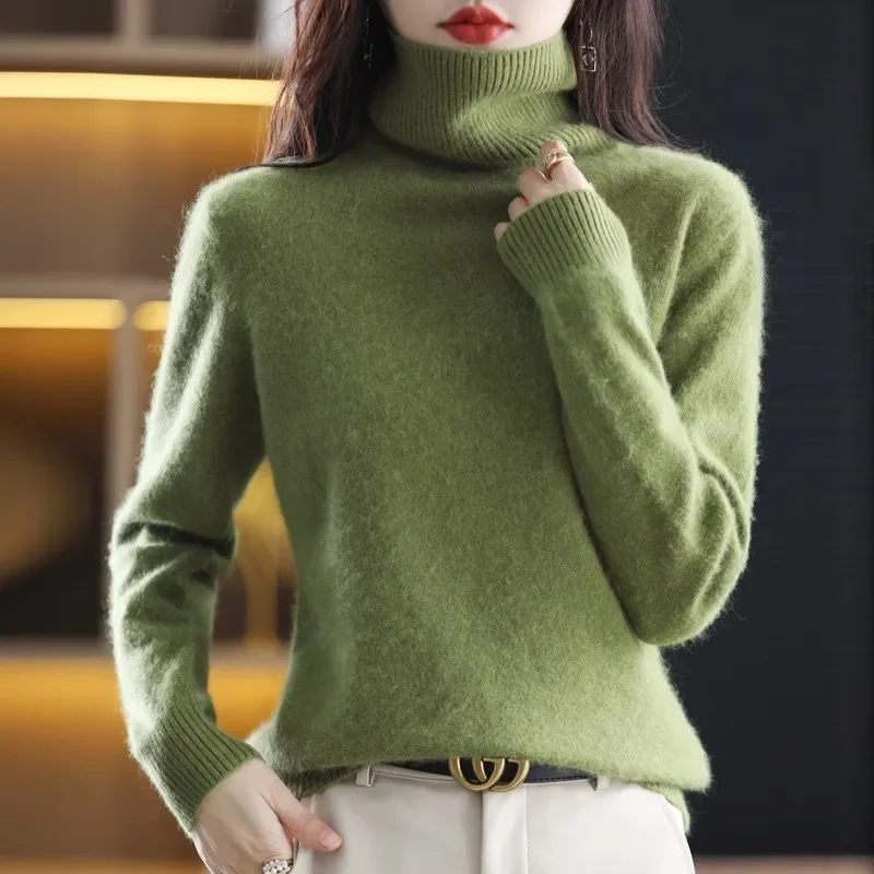 Autumn And Winter New 100% Mink Cashmere Sweater 2024 Women's High Neck Knitted Pullover Loose Korean Fashion Warm Women's Top