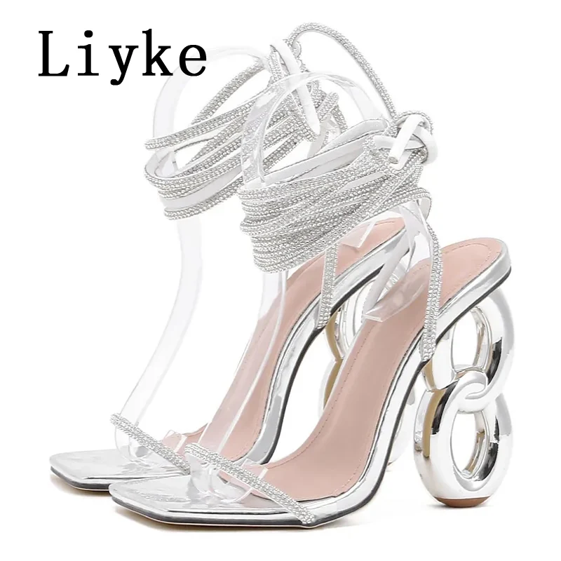 Liyke Elegant Women Party Wedding Shoes Fashion 12.5CM Strange High Heels Gold Silver Square Toe Crystal Ankle Strap Sandals