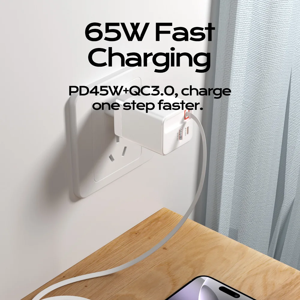65W USB C Charger with Retractable Cable Type C Fast Charging Phone Charger Adapter For iPhone Samsung Xiaomi Quick Charge