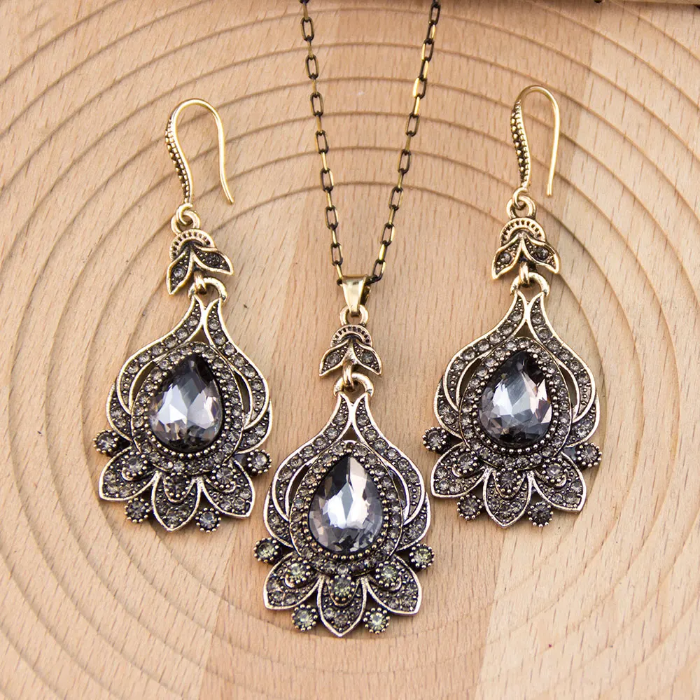 Sunspicems Vintage Women Earrings Necklace Jewelry Turkish Four Leaf Grass Style Pendant Antiqeu Gold Color Bohemia Bijoux view 3