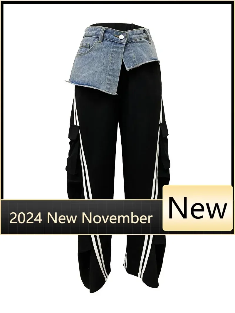 レディースデニムジョガーパンツ,ワイドレッグ,サイドポケット,スプライススウェットパンツ,アクティブジーンズ,ルーズフィット,ファッション,2025