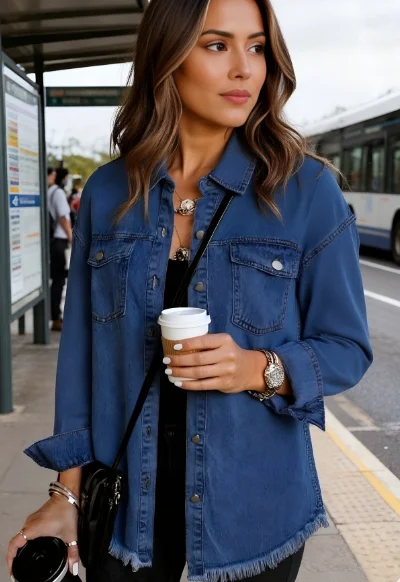 

Women Denim Coat Shirt Coats Turn Down Collar Streetwear Open Stitch Jacket Single Breasted Casual Loose Jackets 2025