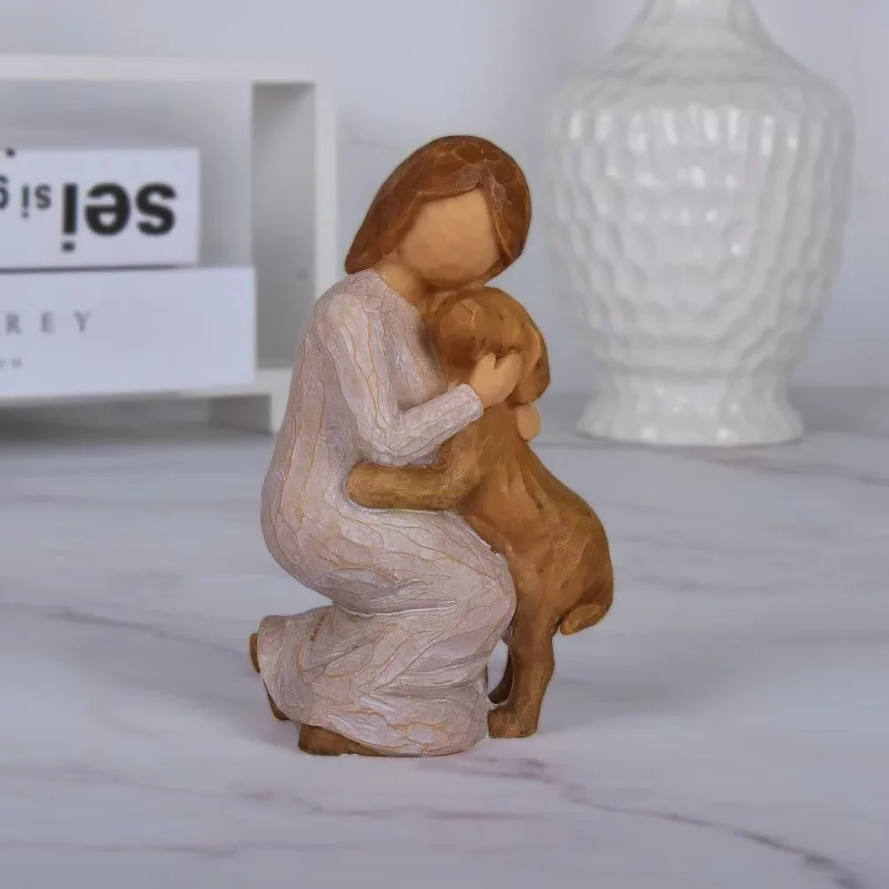 Creative imitation wood willow carving little girl squatting holding dog resin crafts home decoration table ornament