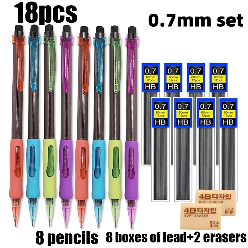 4 Stück/4 Box/18 Stück Set 0,5/0,7/0,9 mm seitliches automatisches Bleistift-Set, Aktivitäts-Druckbleistift, Schulschreib- und Zeichenzubehör – Detail 8