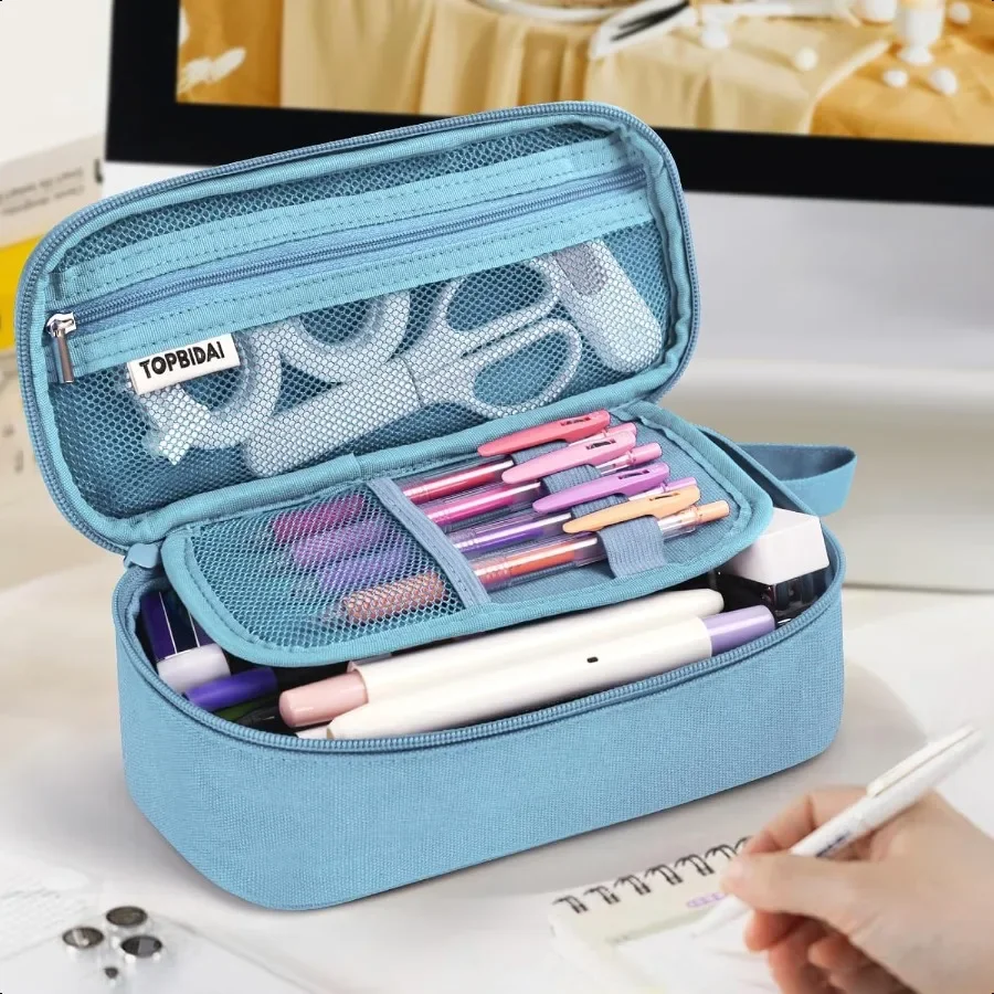 حقيبة مقلمة كبيرة للفتيات والأولاد ذات سعة كبيرة من القماش حقيبة أقلام رصاص للمكتب والكلية والمدرسة متعددة الأقسام وسحاب أدوات مكتبية