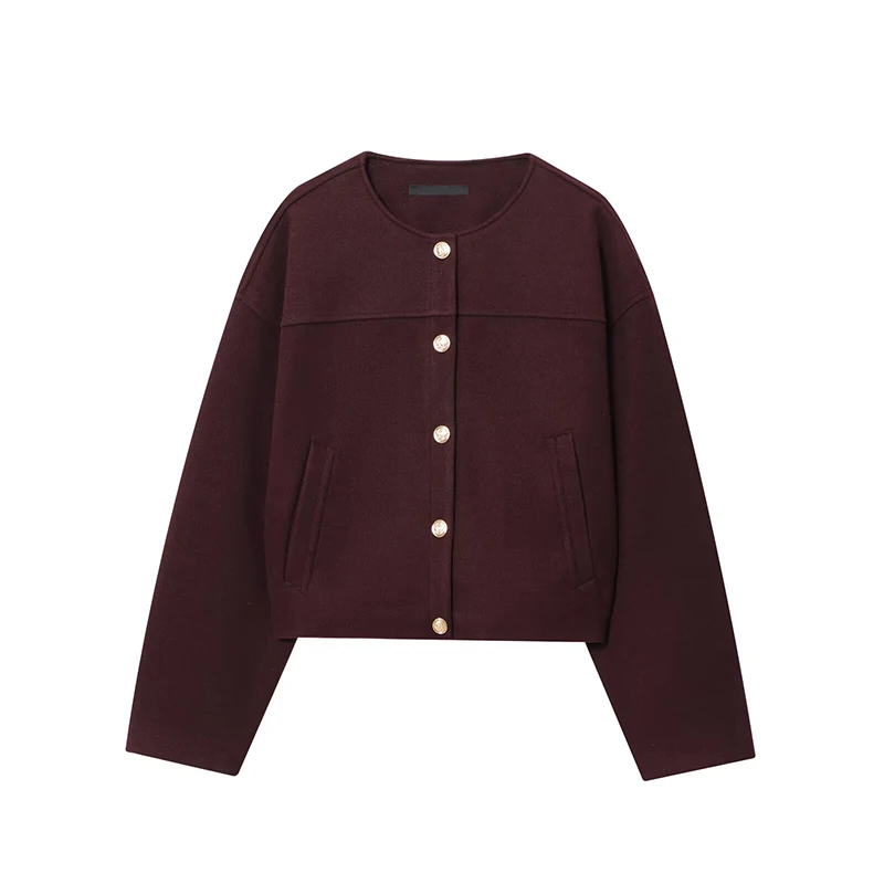 

YENKYE Autumn 2025 Women Single Breasted Soft Jacket Long Sleeve O Neck Casual Autumn Burgundy Outerwear Short Coat