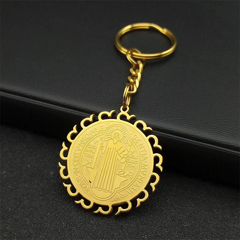 Saint Benedict Sun Shape Medal Key Chain for Women Men Stainless Steel Gold Silver Color San Benito Religion Keyring Jewelry