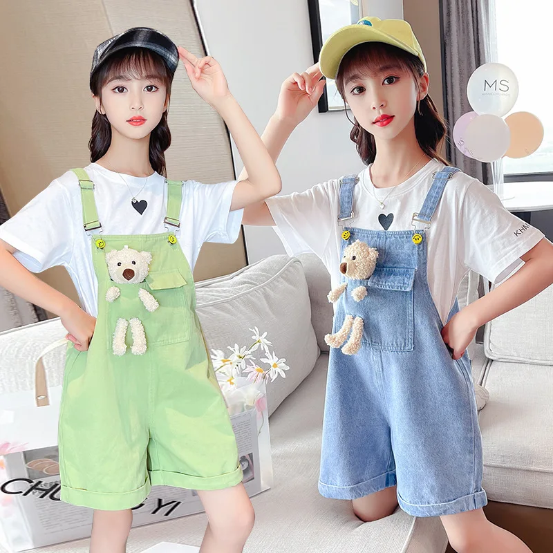 Candy Colored Overalls for Girls Summer High Waist Shorts Kids Clothing Casual Teenage Children Wear Rompers Jumpsuits with Bear