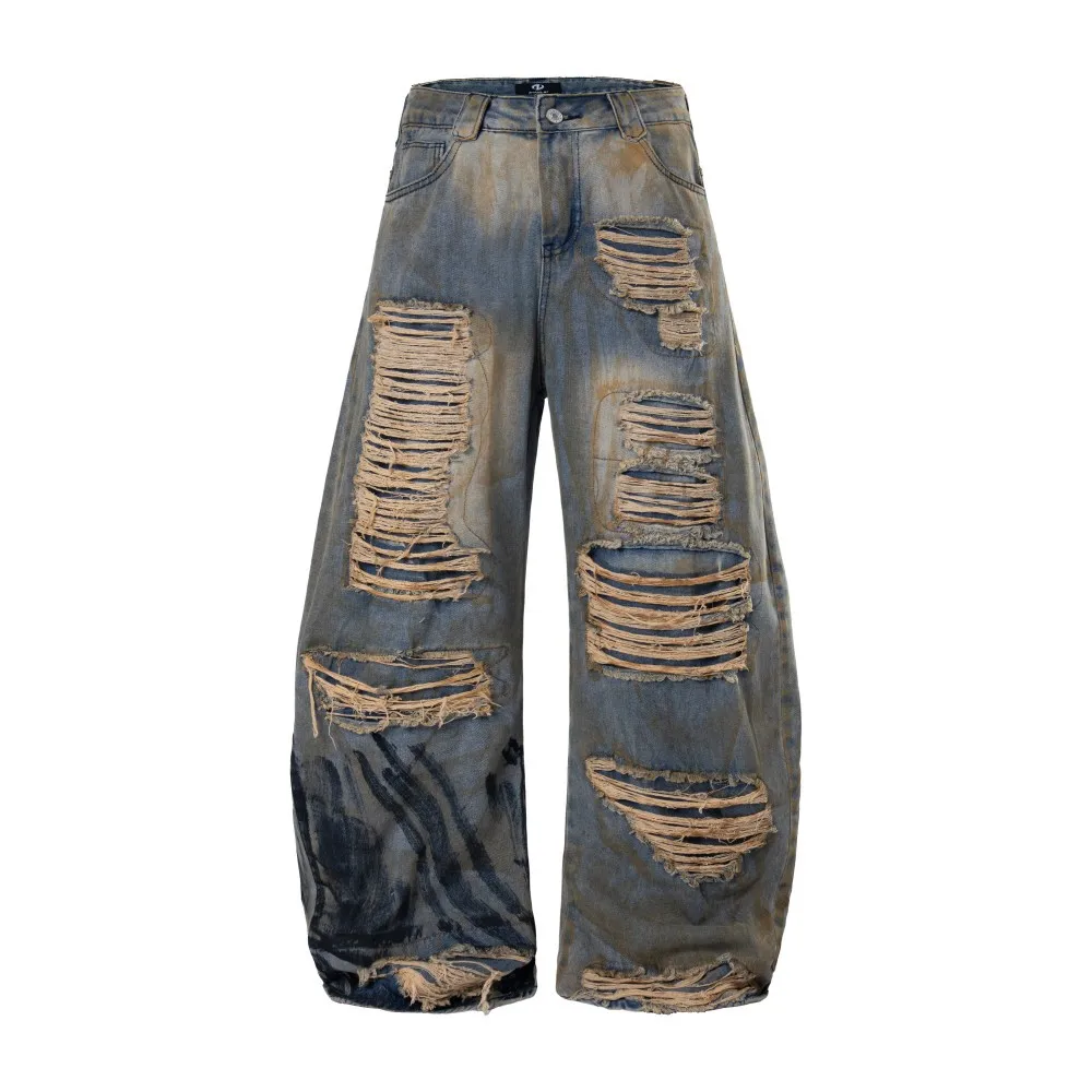 Men's Distressed Ripped Baggy Vintage Jeans Y2k Streetwear Washed Destroyed Denim Pants Hip Hop Heavy Hole Wide Leg Curved Jean