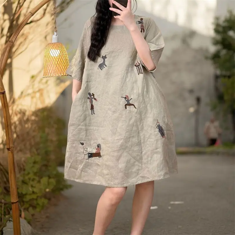 Plus Size Women's Summer Casual Retro Dress Loose A-Line Cotton Linen Office Lady Fashion New Arrival Trendy view 5
