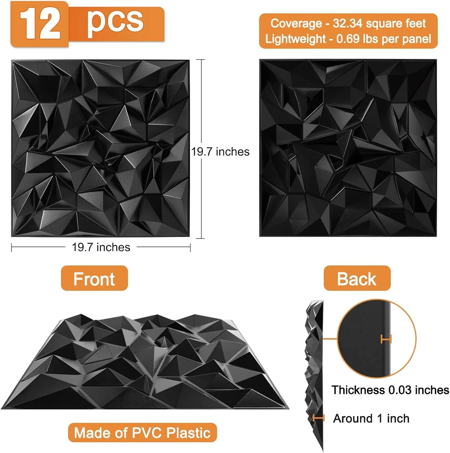 Acoustic Sound Diffuser Panels, 19.7 X 19.7 X 1 inches 12 Pcs Black PVC Plastic 3D Wall Panel, Recording Studio Acoustical