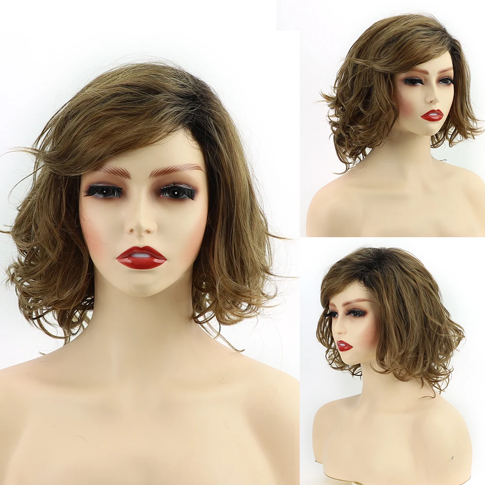 

Synthetic Short Curly Wig With Oblique Bangs Natural Side Part Fluffy Wave Wig For Women Ombre Blonde Brown African American