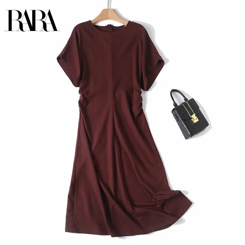 

RARA Womens Elegant Old Money Aesthetic Pleated Waist - cinching Round - neck Short - sleeve Mid - length Dress Stylish Dress