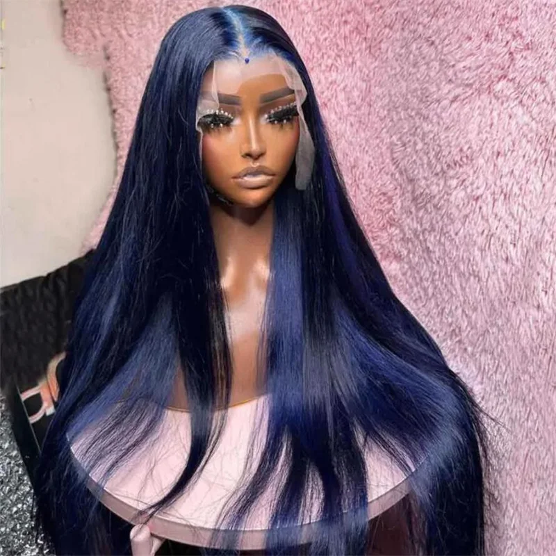 26 inch 180Density Long Blue Silky Straight Lace Front Wig For Black Women Baby Hair Daily Natural Hairline Glueless Preplucked