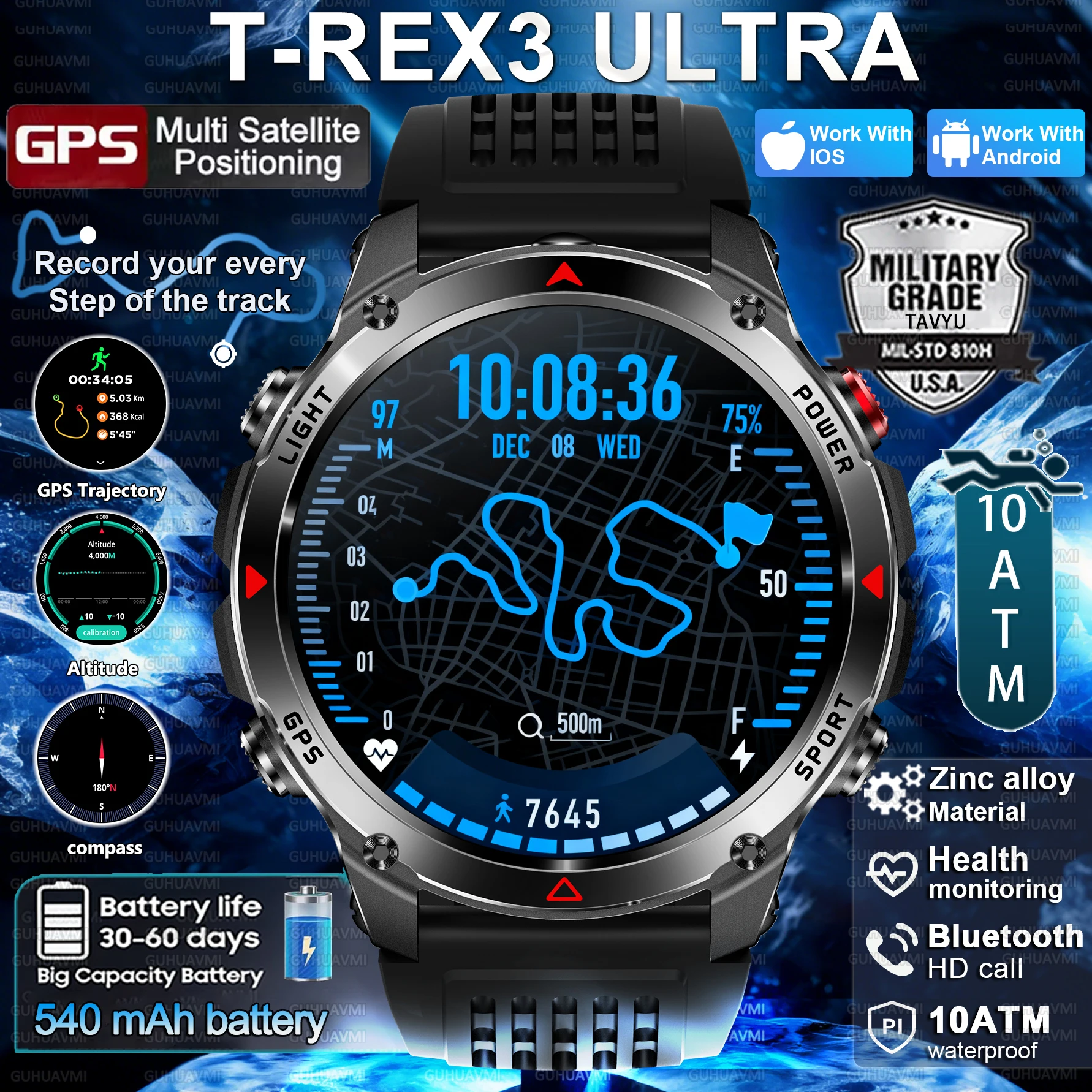 جديد حار جودة عسكرية في الهواء الطلق 100 + الرياضة ساعة ذكية الرجال لتحديد المواقع ثنائي النطاق تحديد المواقع معدل ضربات القلب HD دعوة IP69K سوار مقاوم للماء