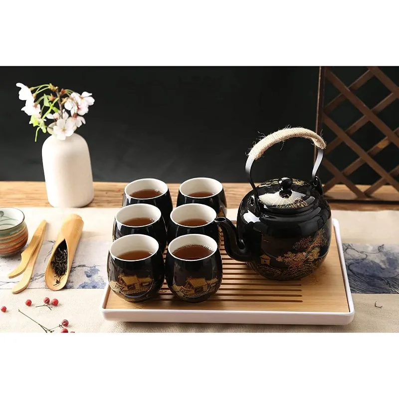 Imagem -03 - Asian Porcelain Tea Conjunto para Adultos Preto com Bule Copos de Chá Bandeja de Chá Infusor Inoxidável Japonês Bonito