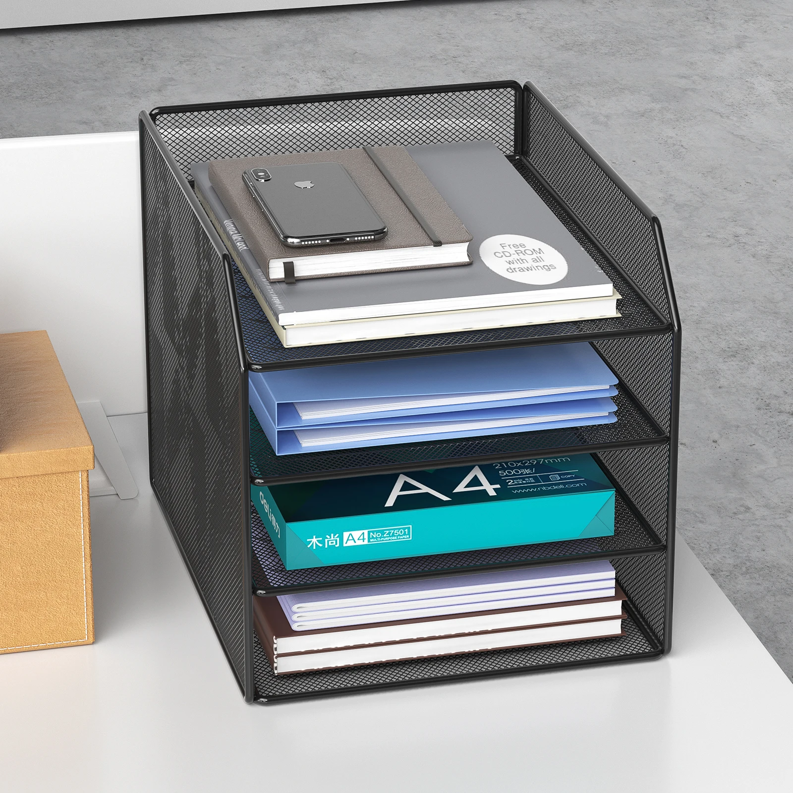 Metal Mesh Desk Storage Rack, Sturdy A4 File Organizer for Office, Secure Bookend Holder with Rounded Edges Home Use