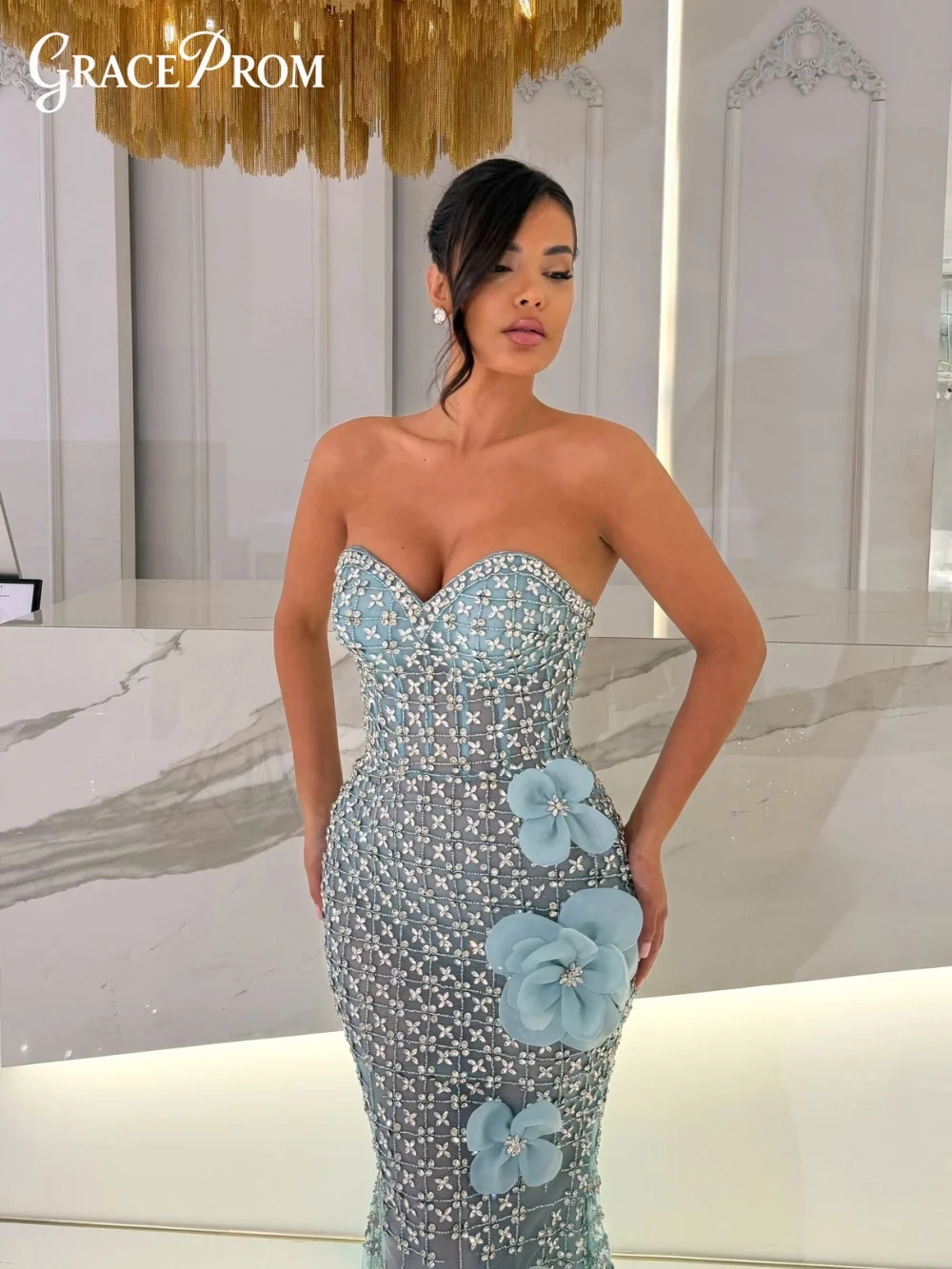 

Luxurious Light Blue Strapless Long Dress Sweetheart Neckline 3D Flower Party Dress Evening Gown For Wedding Guests فساتين سهرة