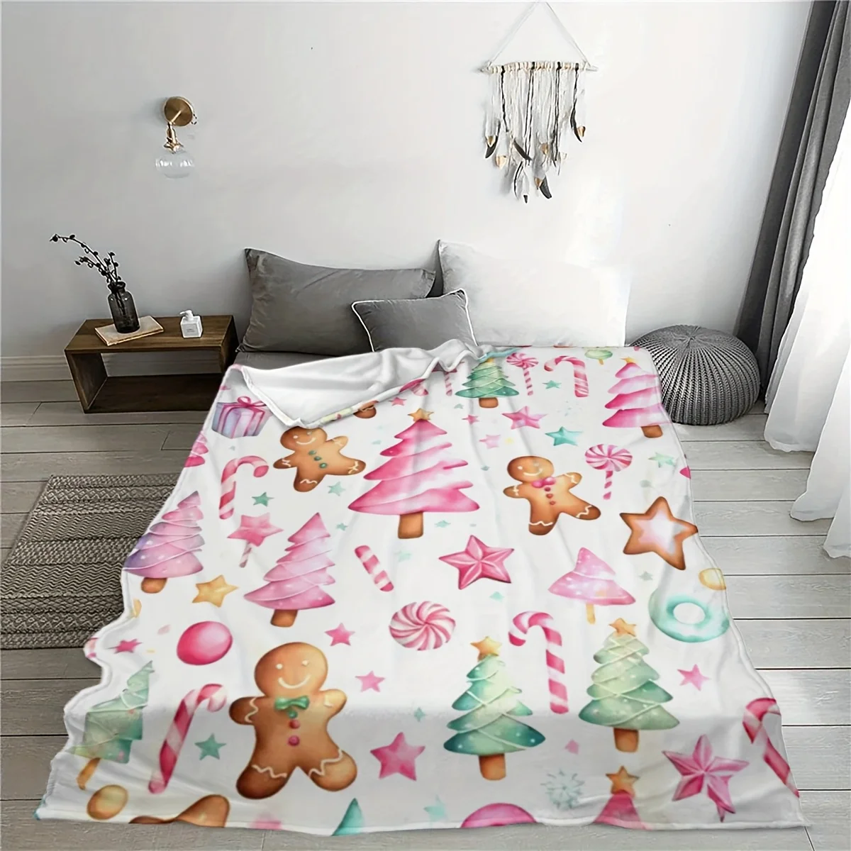 Pink Christmas Gingerbread Men & Tree Print Flannel Blanket - Soft Warm Anti-Tear All-Season Throw for Home, Office, Camping - C