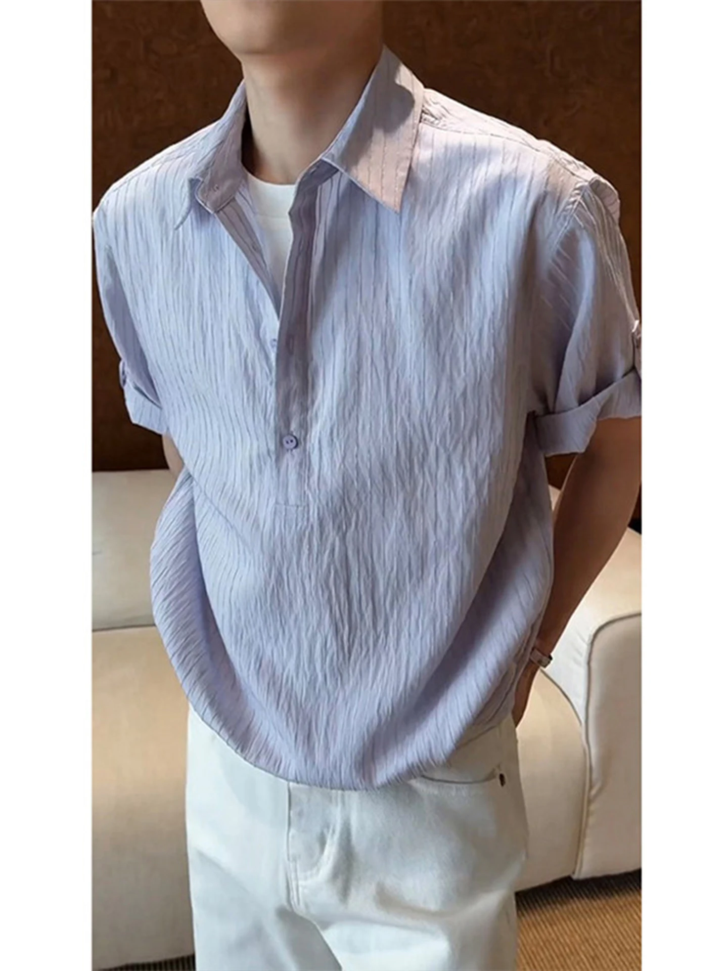 Adjustable Hem Short Sleeve Men's Shirt Summer Casual Style Lightweight Purple Design Fake Two-Piece Loose Fit Breathable
